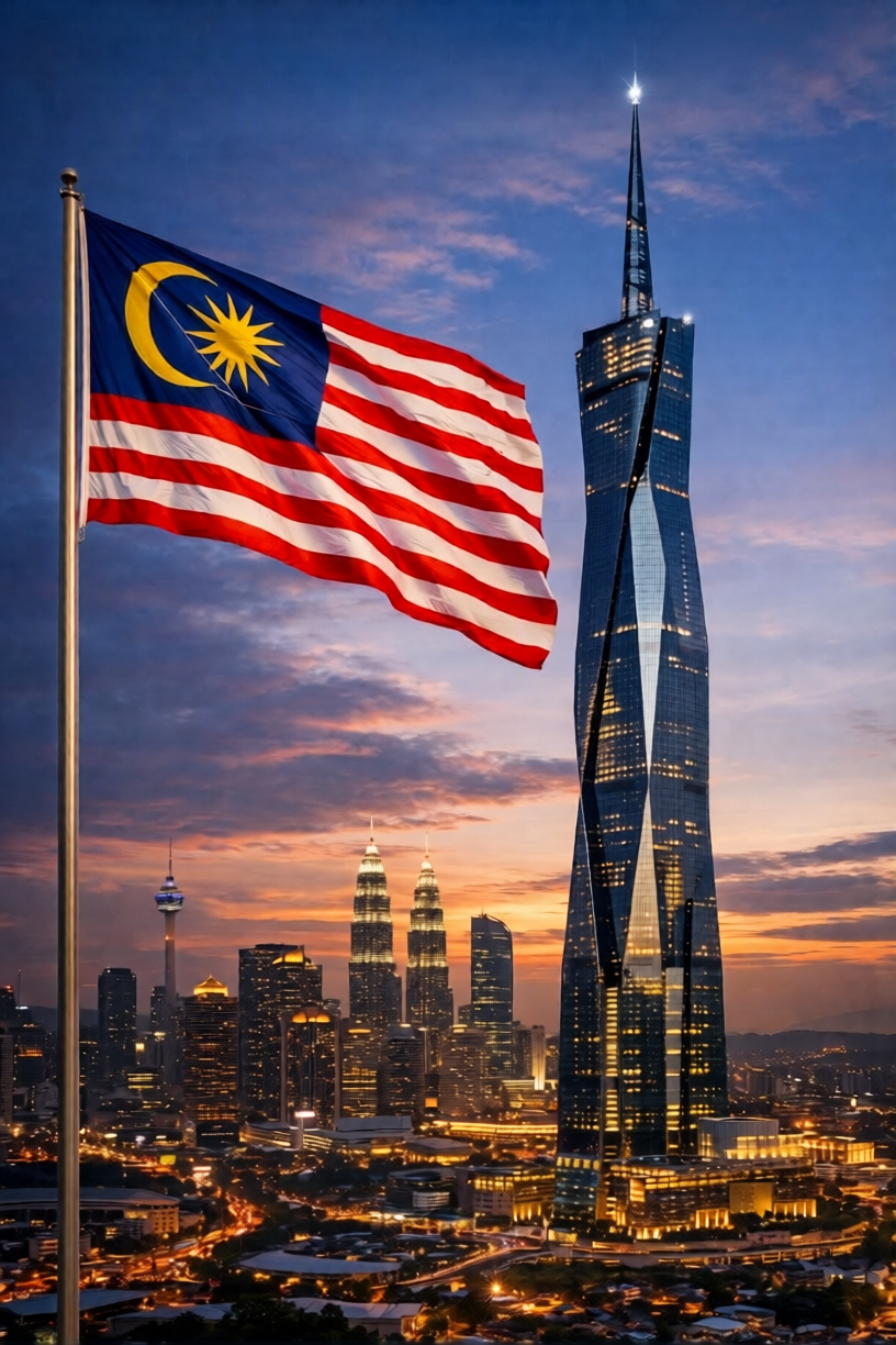Skylines and city lights in Kuala Lumpur at sunset